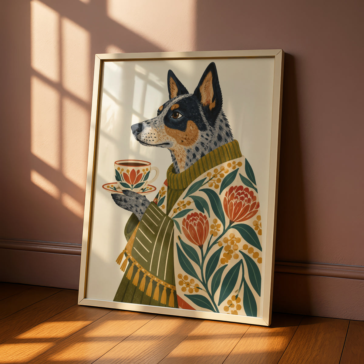 Australian Cattle Dog Art Print, Blue Heeler with Tea Cup, Floral Folk Wall Art