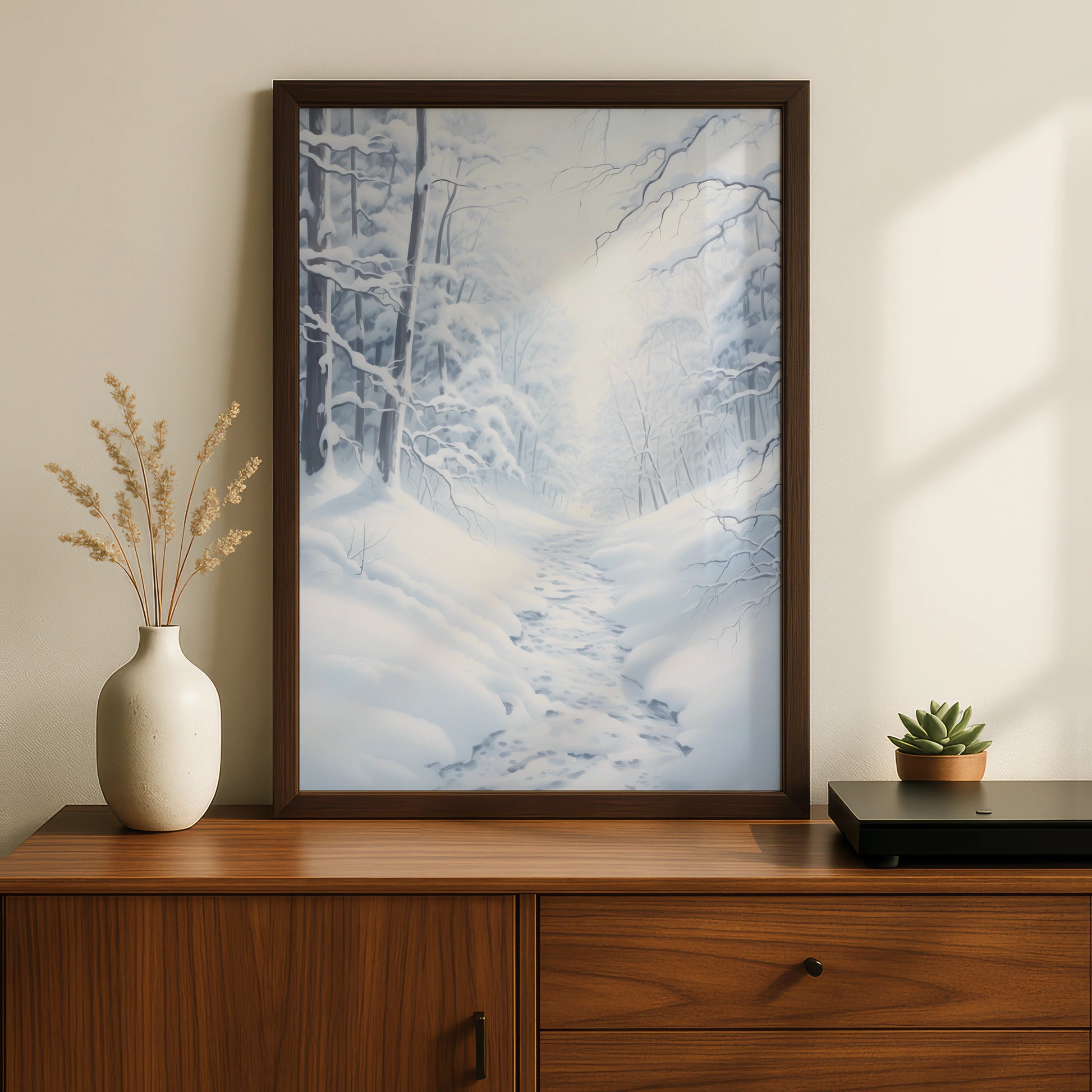 Snowy Winter Forest Christmas Poster, White Blue Woodland Path Wall Art Print