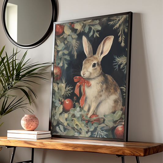 Christmas Rabbit Poster, Festive Bunny Wall Art, Holiday Rabbit Print, Vintage Xmas Decor