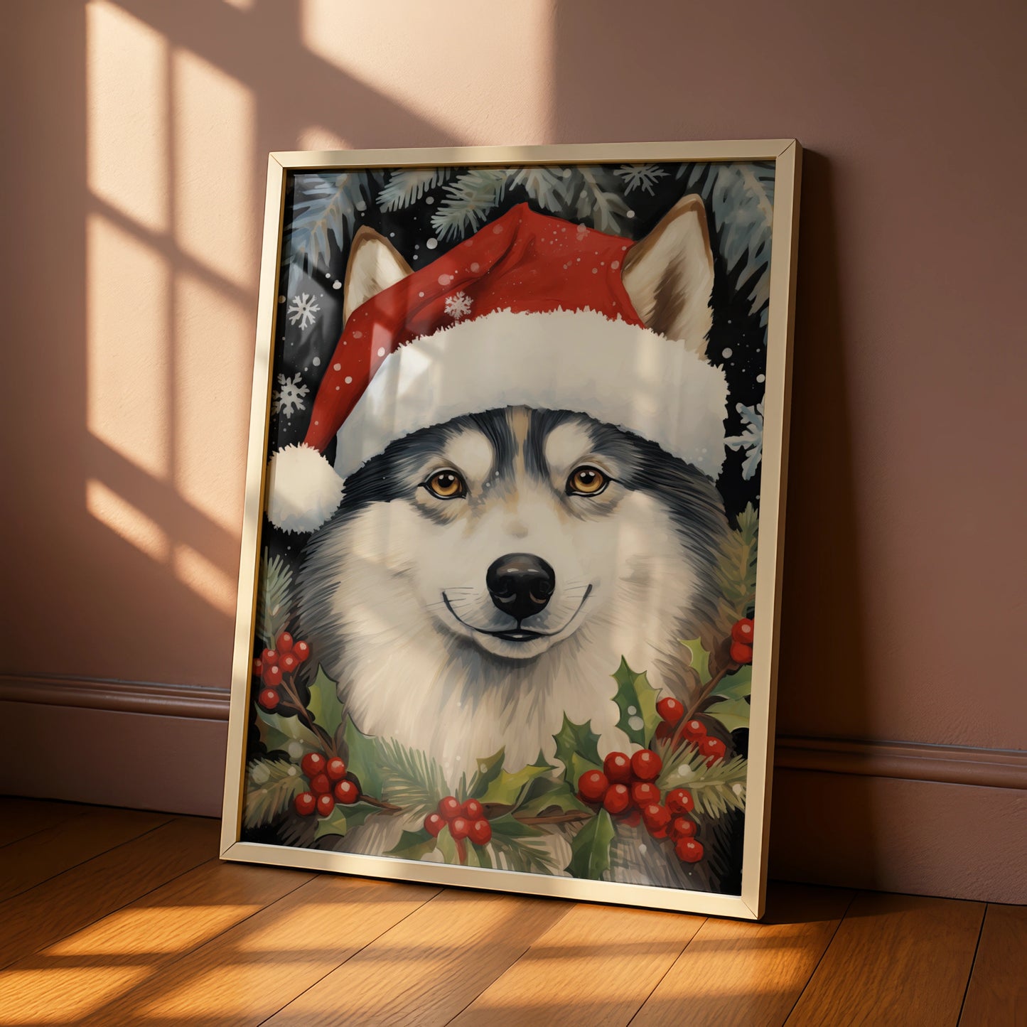 Christmas Husky Poster, Santa Hat Dog Wall Art, Festive Husky Print, Holiday Animal Decor