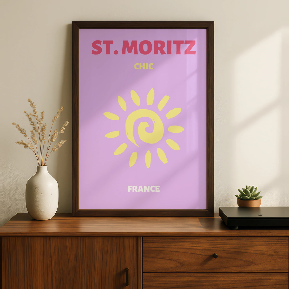 St Moritz Travel Poster, Switzerland Retro Wall Art, Chic Sun Print, Lilac Pink