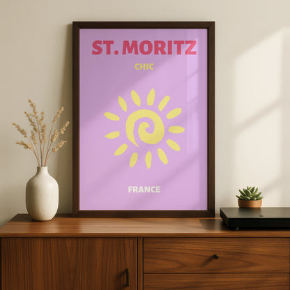 St Moritz Travel Poster, Switzerland Retro Wall Art, Chic Sun Print, Lilac Pink