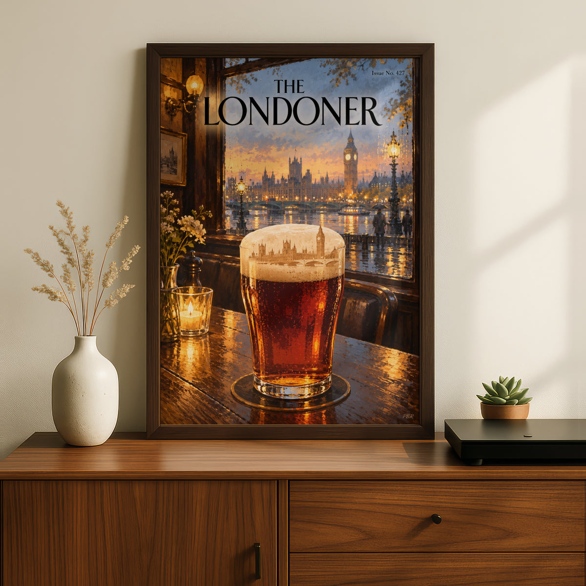 The Londoner Magazine Cover Poster, London Pub Pint at Sunset, Big Ben Wall Art, Pub Decor Print