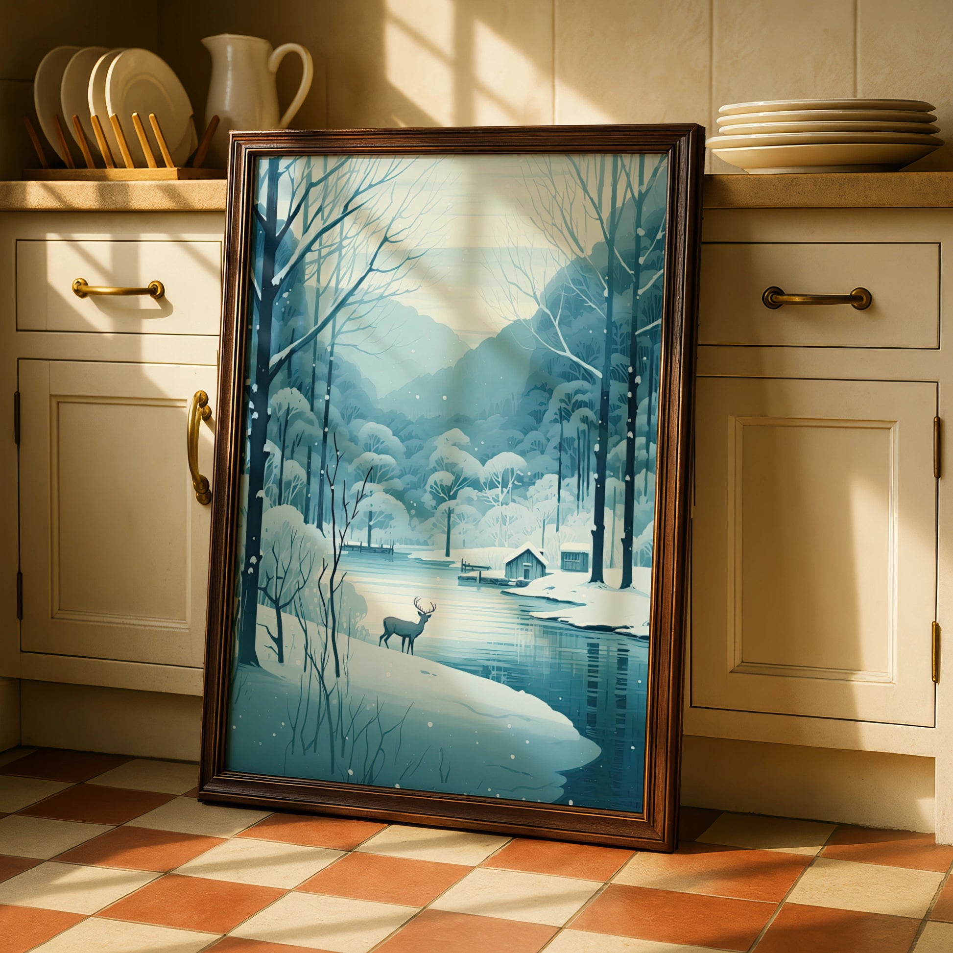 Christmas Winter Deer Poster, Snowy Forest Lake Scene, Blue Festive Wall Art Print