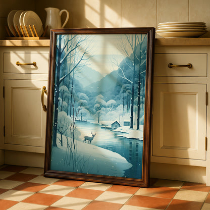 Christmas Winter Deer Poster, Snowy Forest Lake Scene, Blue Festive Wall Art Print