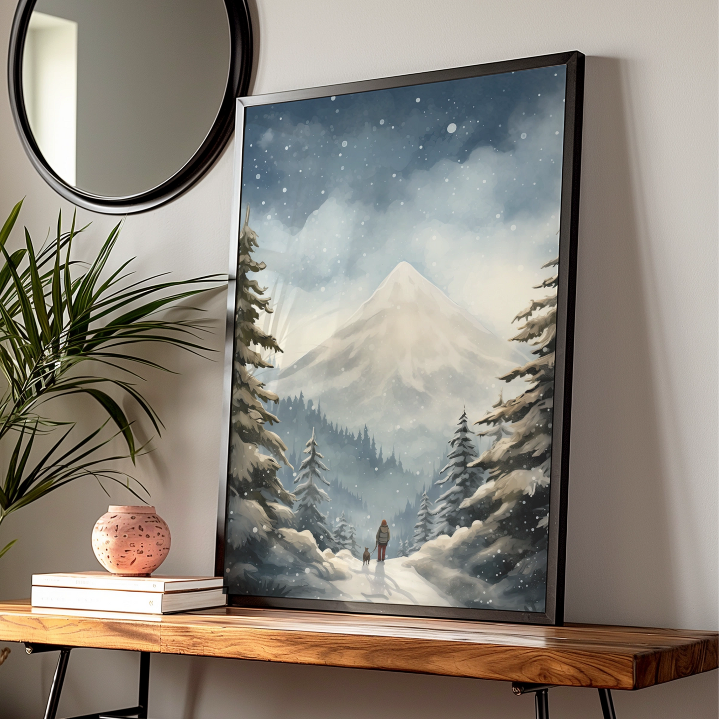 Christmas Winter Mountain Poster, Snowy Forest Walk Dog Print, Festive Wall Art