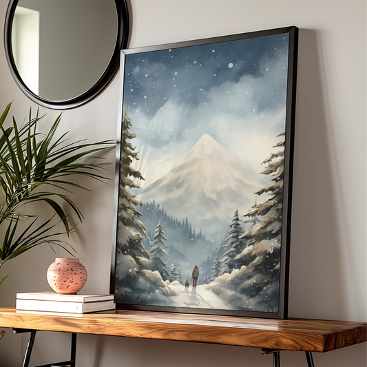 Christmas Winter Mountain Poster, Snowy Forest Walk Dog Print, Festive Wall Art