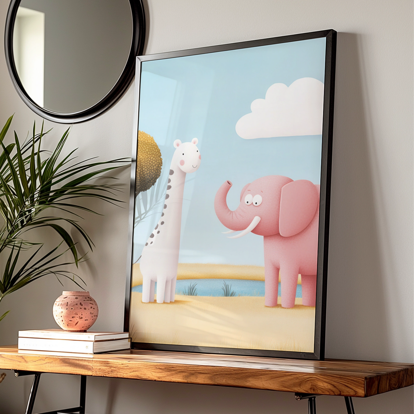 Giraffe Elephant Nursery Wall Art, Cute Safari Animal Print, Baby Room Poster