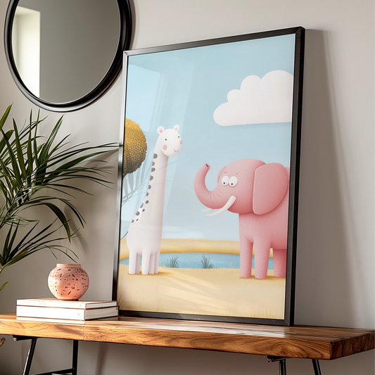 Giraffe Elephant Nursery Wall Art, Cute Safari Animal Print, Baby Room Poster