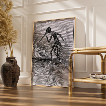 Halloween Plague Doctor Poster, Dark Gothic Creature Art Print, Black White Horror Wall Decor