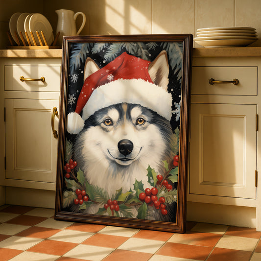 Christmas Husky Poster, Santa Hat Dog Wall Art, Festive Husky Print, Holiday Animal Decor
