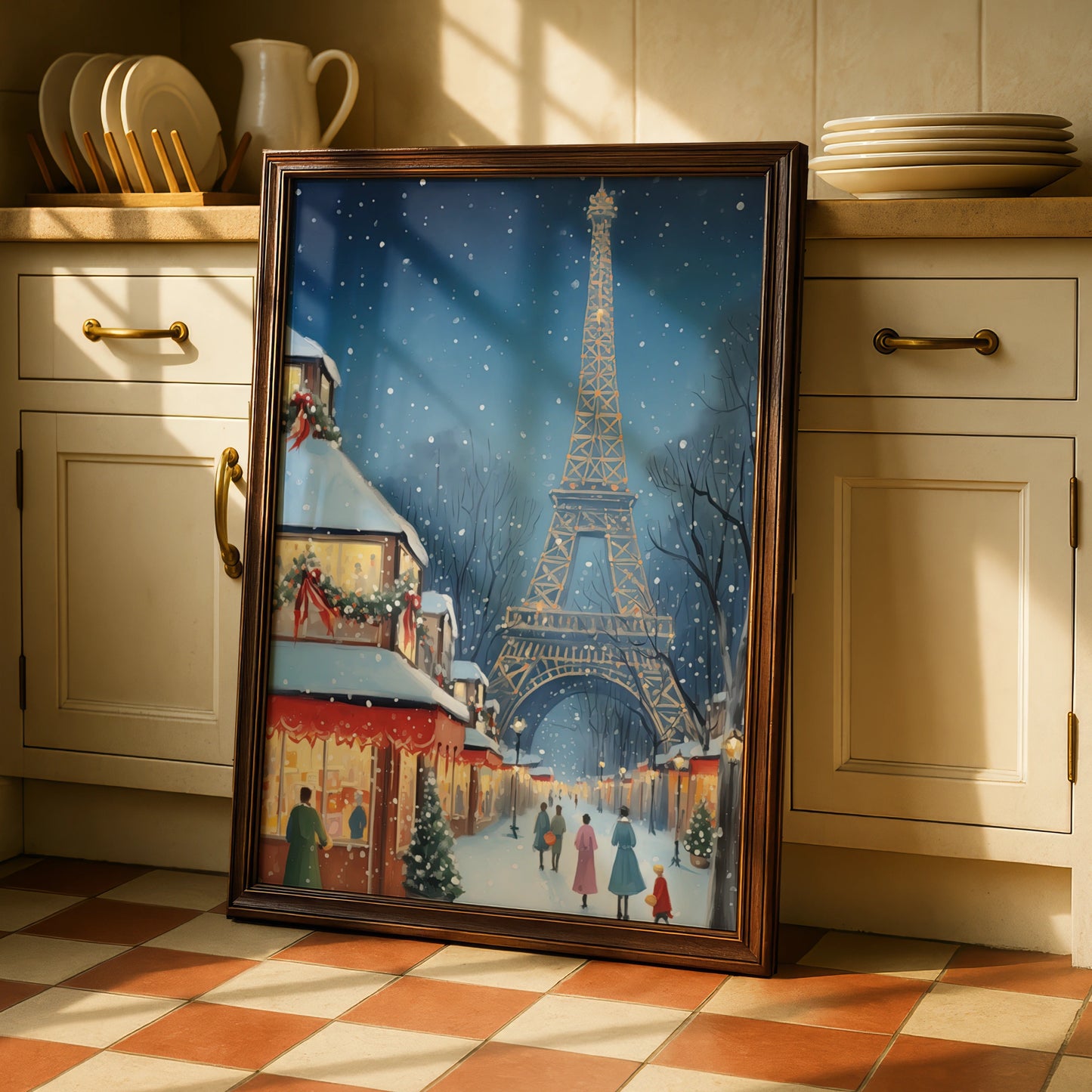 Paris Christmas Poster, Eiffel Tower Winter Snow Scene, French Holiday Wall Art Print