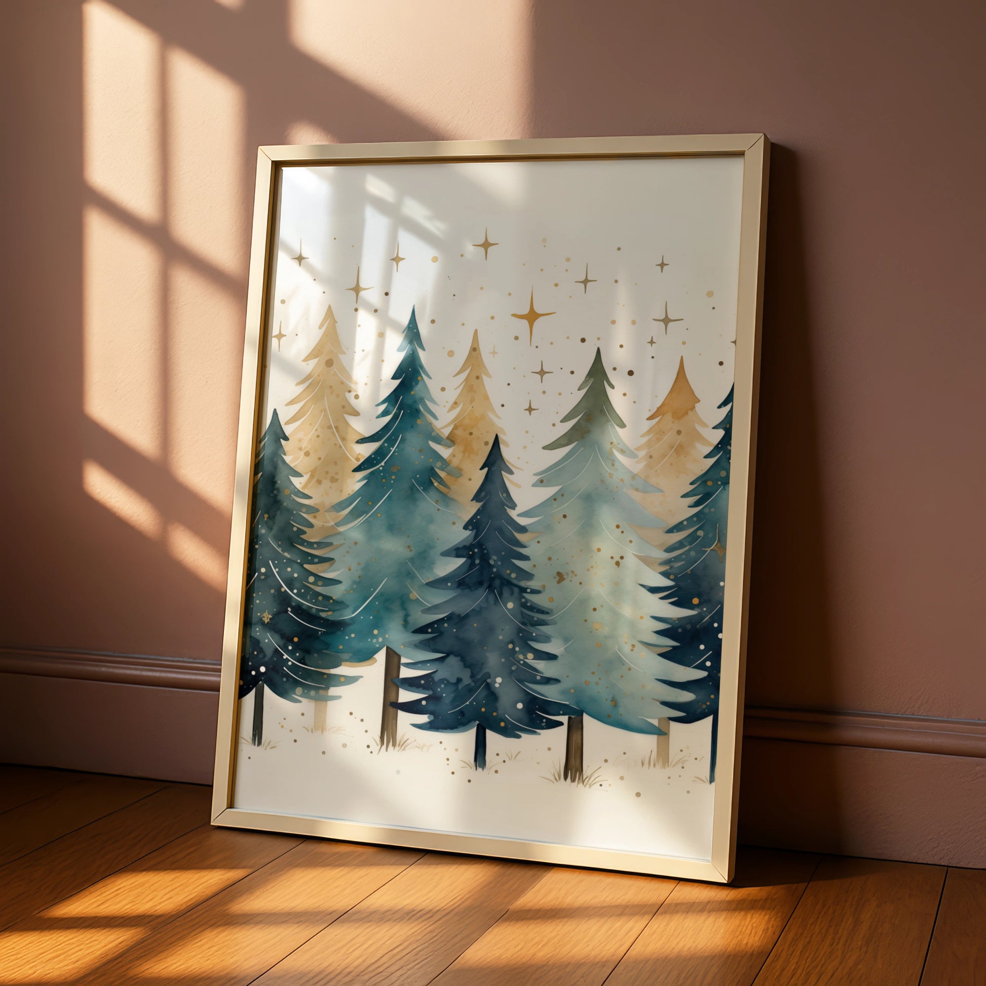 Christmas Tree Forest Poster, Watercolour Festive Wall Art, Teal Gold Xmas Print