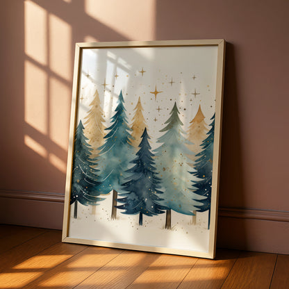 Christmas Tree Forest Poster, Watercolour Festive Wall Art, Teal Gold Xmas Print