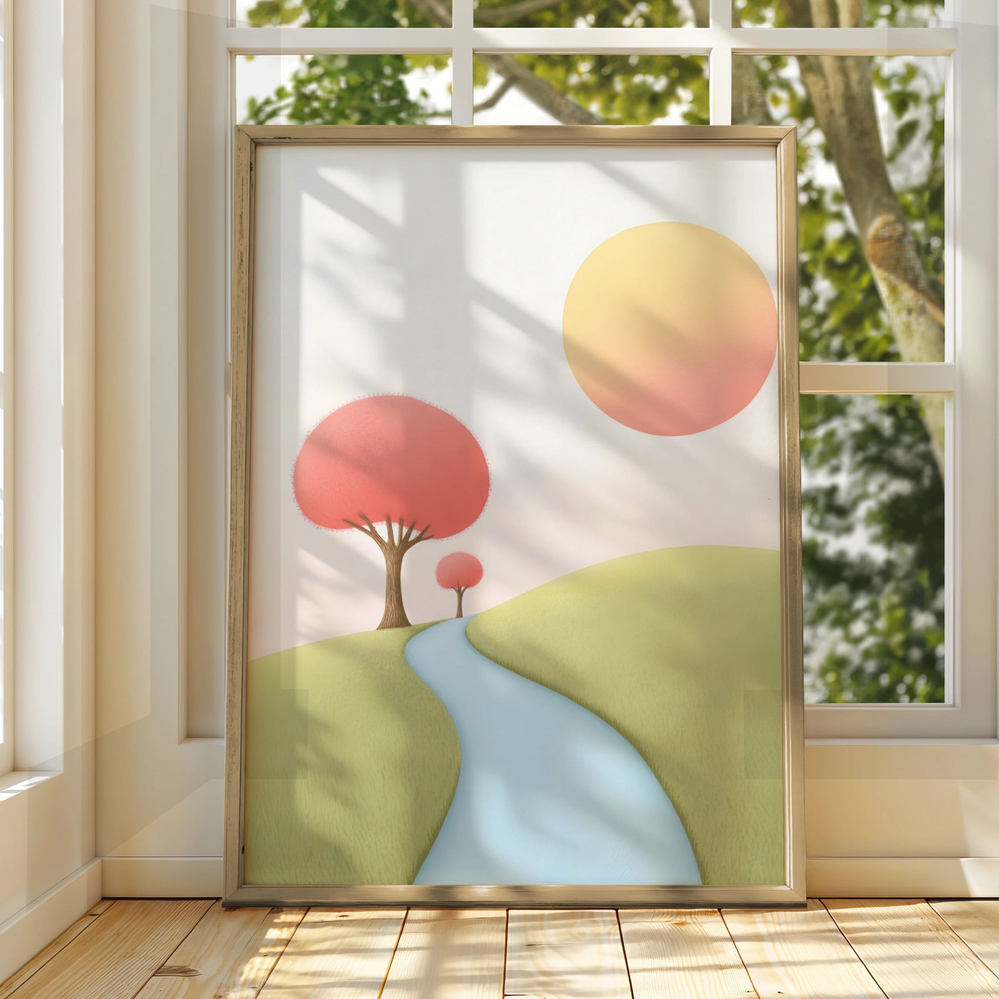 Nursery Wall Art Pastel Landscape Print, Pink Trees River Path, Baby Room Poster