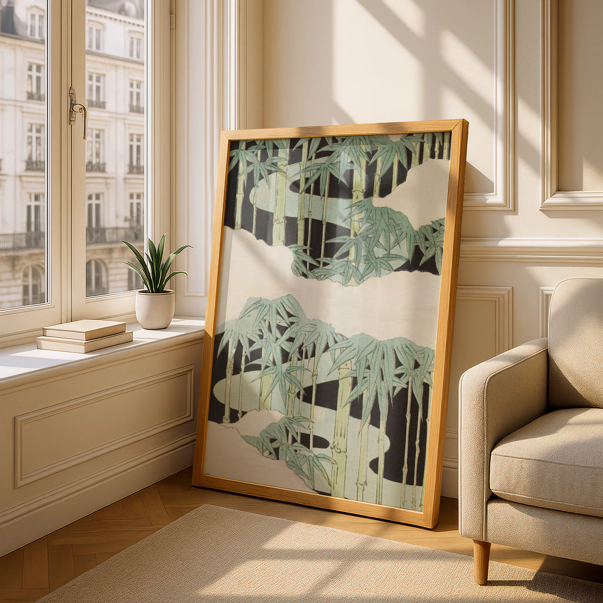 Japanese Bamboo Woodblock Wall Art, Vintage Japandi Botanical Print, Minimalist Green Poster – A5 Oak frame