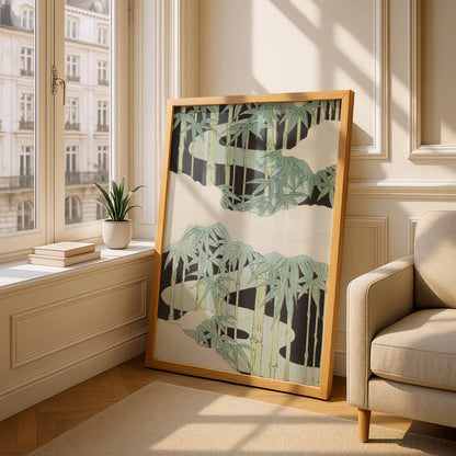 Japanese Bamboo Woodblock Wall Art, Vintage Japandi Botanical Print, Minimalist Green Poster – A5 Oak frame