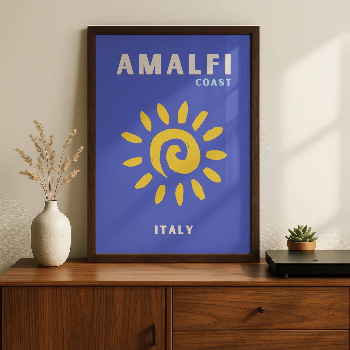Amalfi Coast Italy Travel Poster, Retro Sun Wall Art, Italian Coastal Print