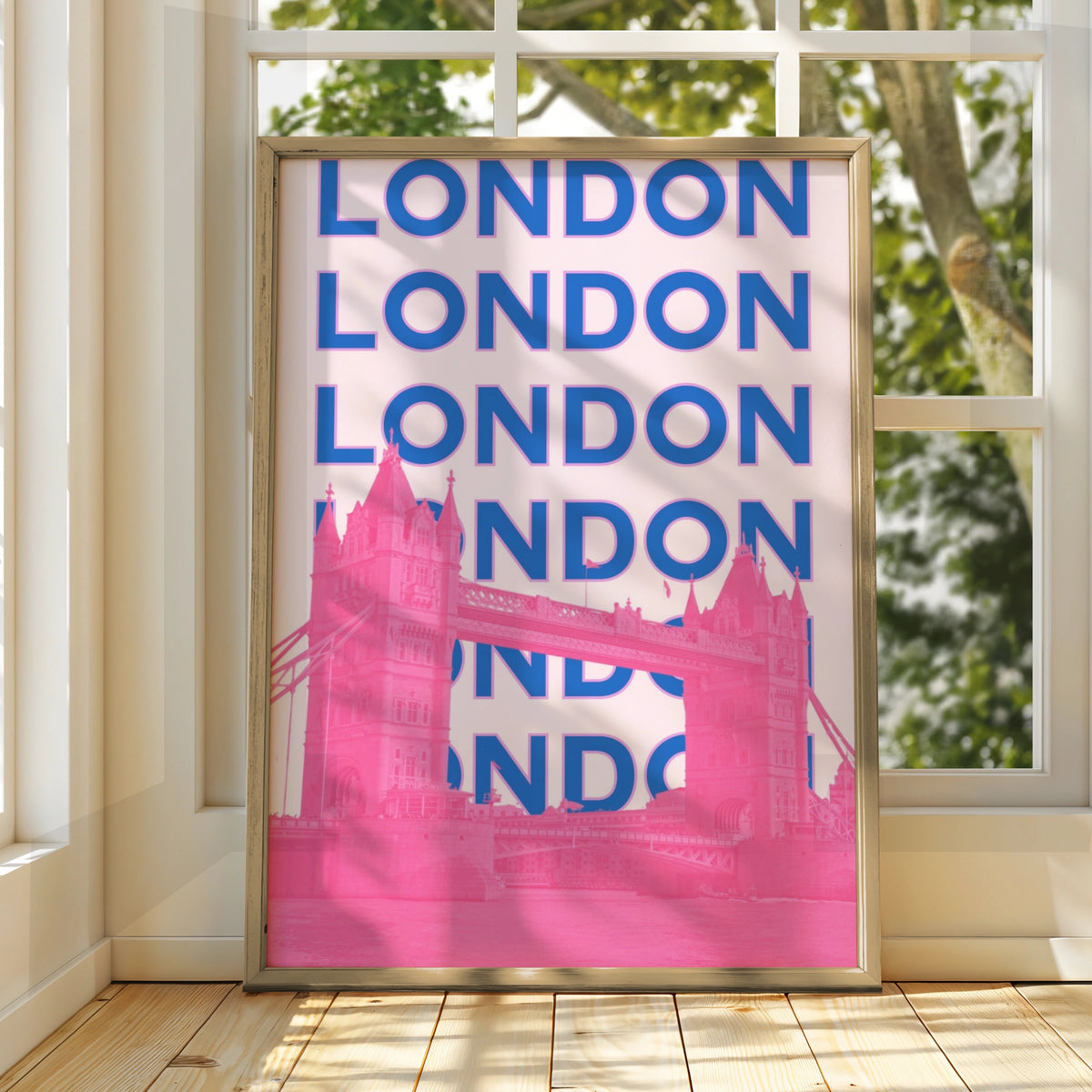London Travel Poster, Tower Bridge Wall Art, Retro Bold Pink Blue UK Print