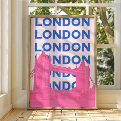 London Travel Poster, Tower Bridge Wall Art, Retro Bold Pink Blue UK Print