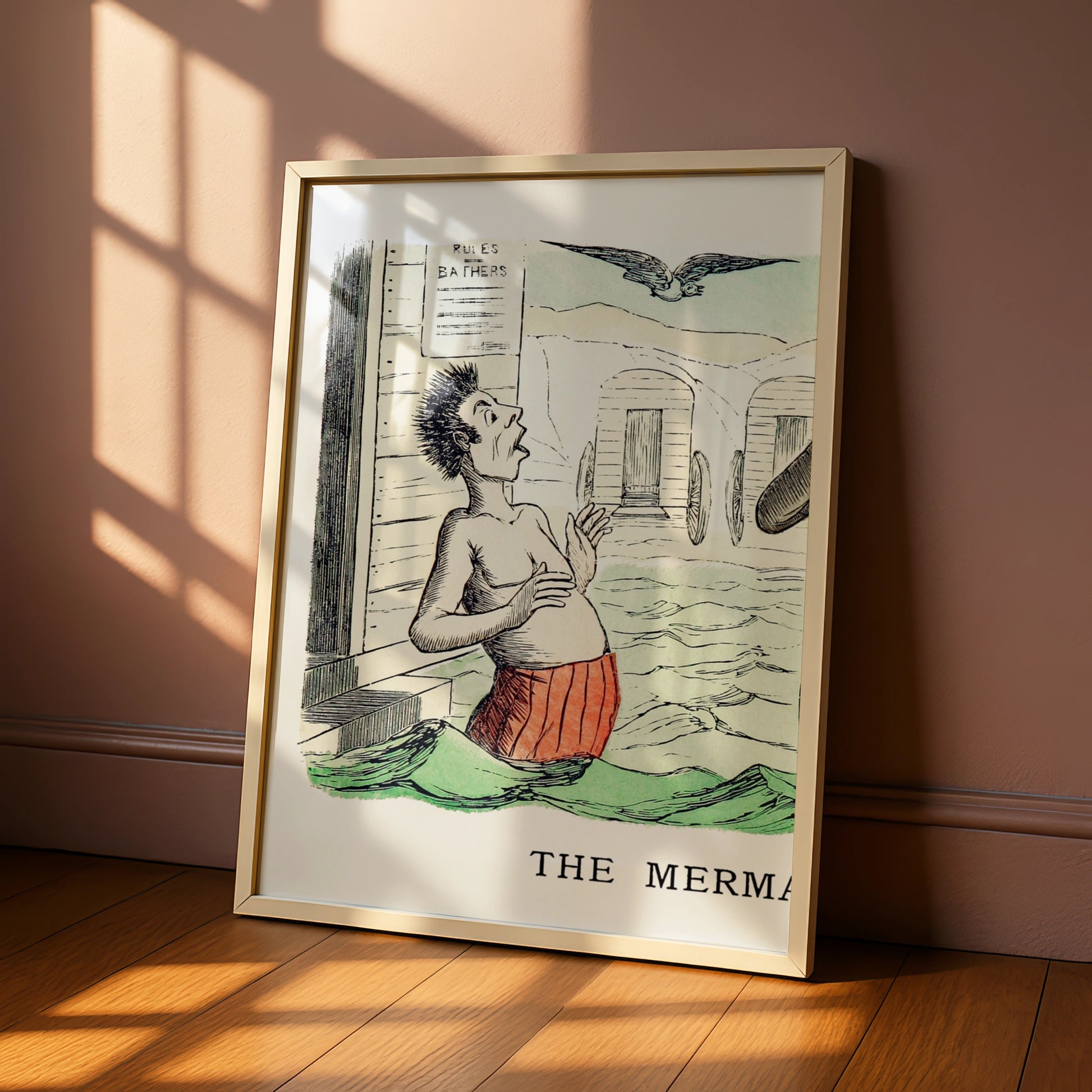 Vintage Bathing Comic Poster, Victorian Beach Humour Wall Art, Antique Seaside Print