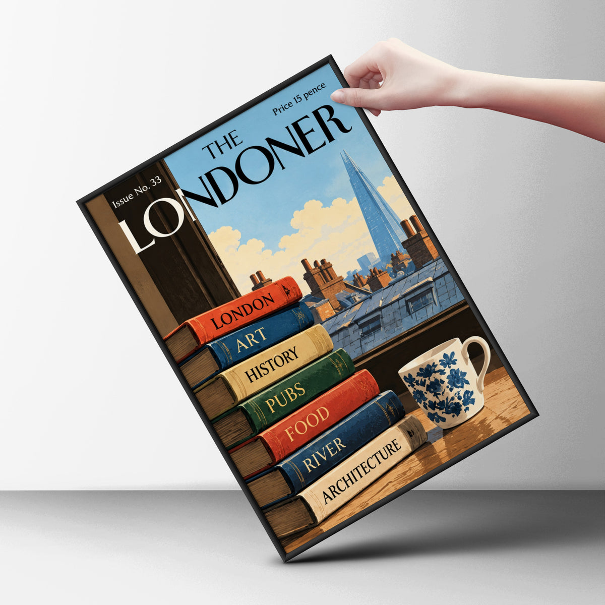The Londoner Poster, London Skyline Wall Art, Vintage Magazine Cover Art Print, Books and Shard