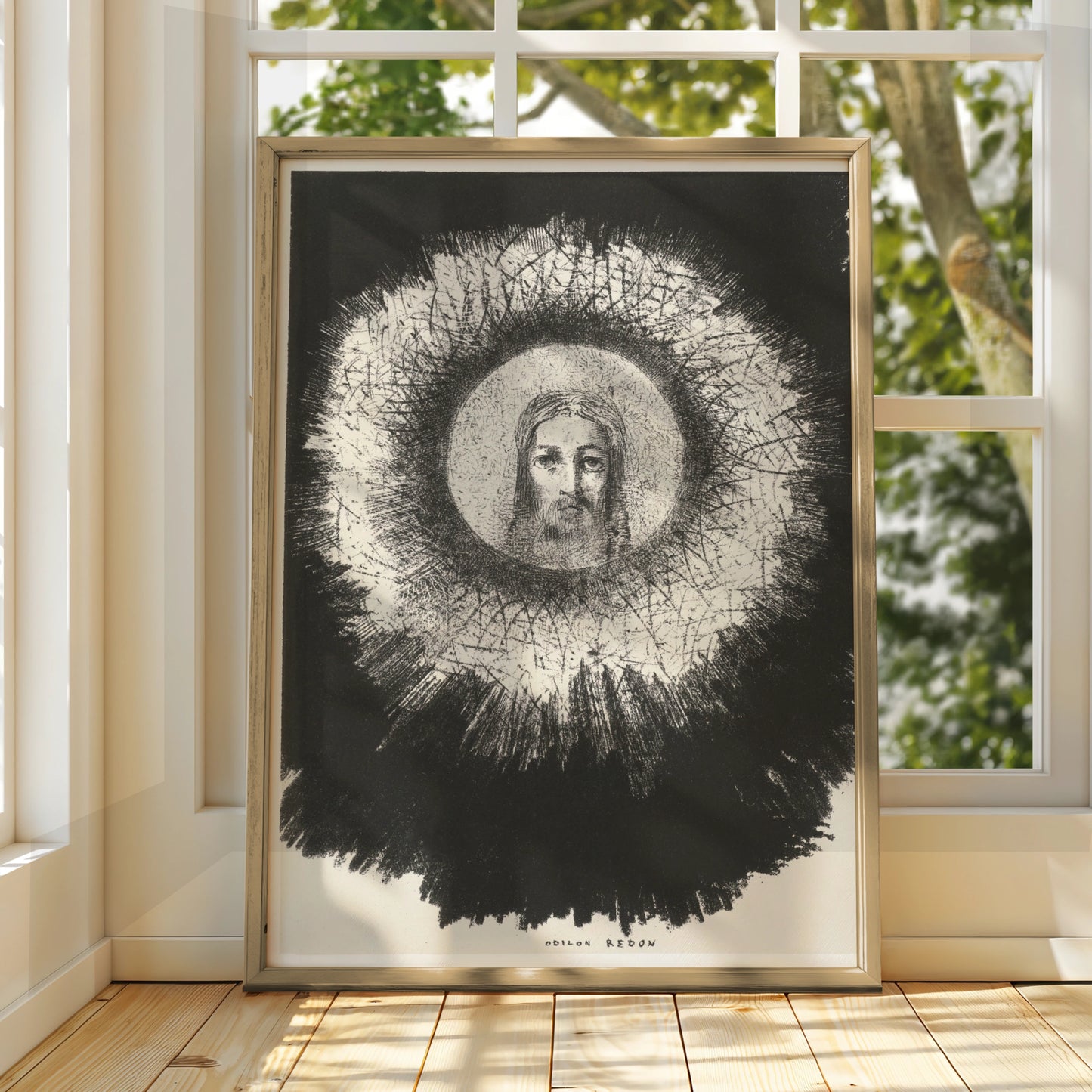 Odilon Redon Halloween Art Print, Dark Mystical Face Poster, Black White Gothic Wall Art