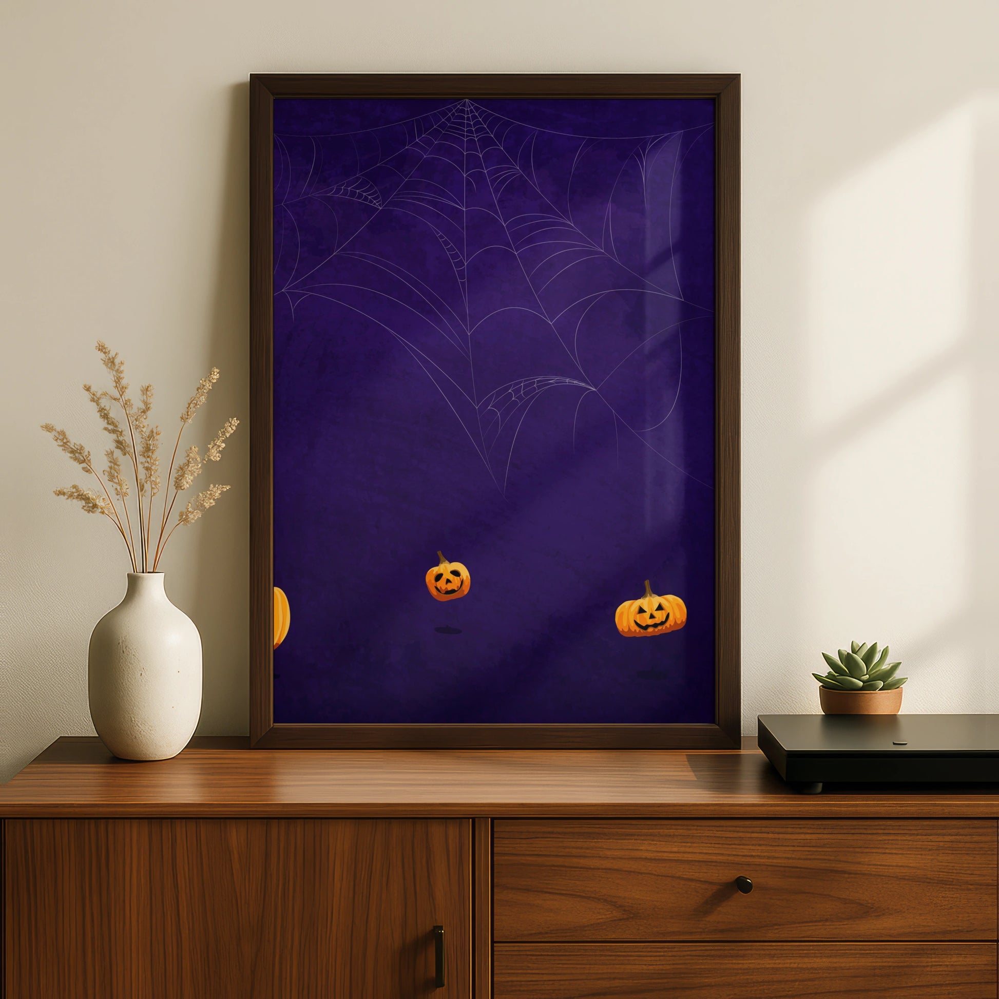 Halloween Pumpkin Spider Web Poster, Jack O Lantern Wall Art, Spooky Purple Print