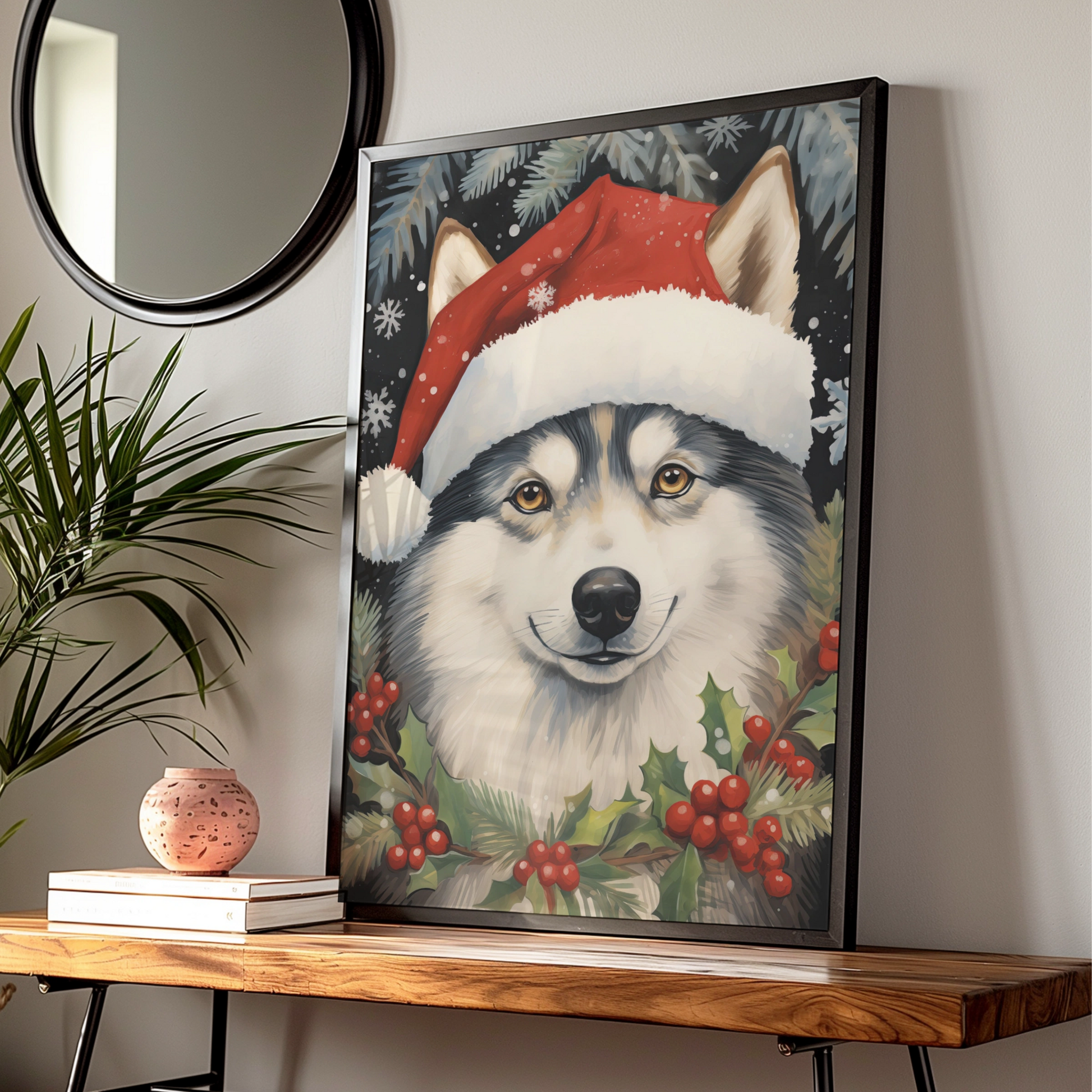 Christmas Husky Poster, Santa Hat Dog Wall Art, Festive Husky Print, Holiday Animal Decor