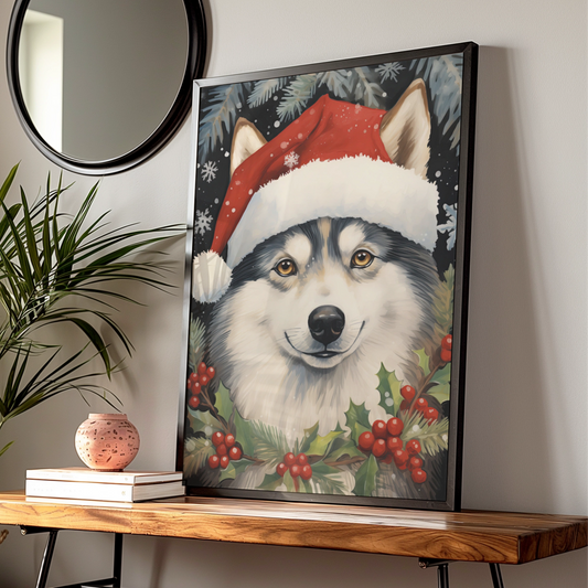 Christmas Husky Poster, Santa Hat Dog Wall Art, Festive Husky Print, Holiday Animal Decor