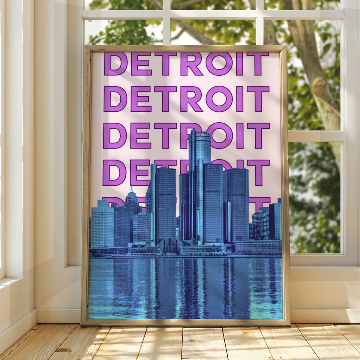 Detroit Travel Poster, Michigan City Skyline Wall Art, Retro Purple Blue Print