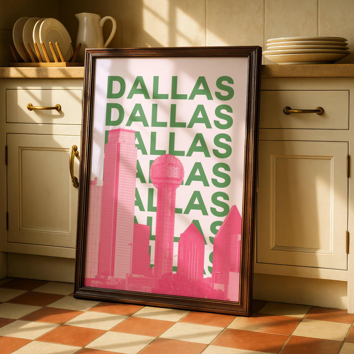 Dallas Travel Poster Texas Skyline Wall Art, Retro City Print, Pink Green Decor