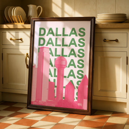 Dallas Travel Poster Texas Skyline Wall Art, Retro City Print, Pink Green Decor