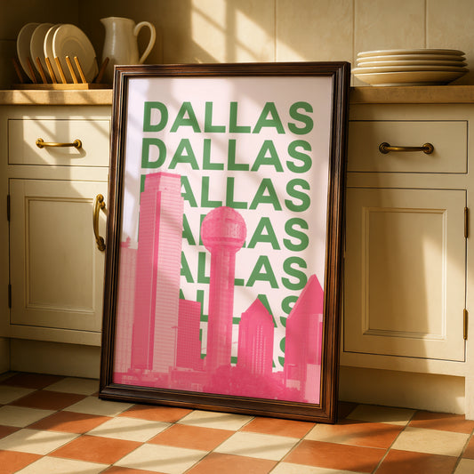 Dallas Travel Poster Texas Skyline Wall Art, Retro City Print, Pink Green Decor