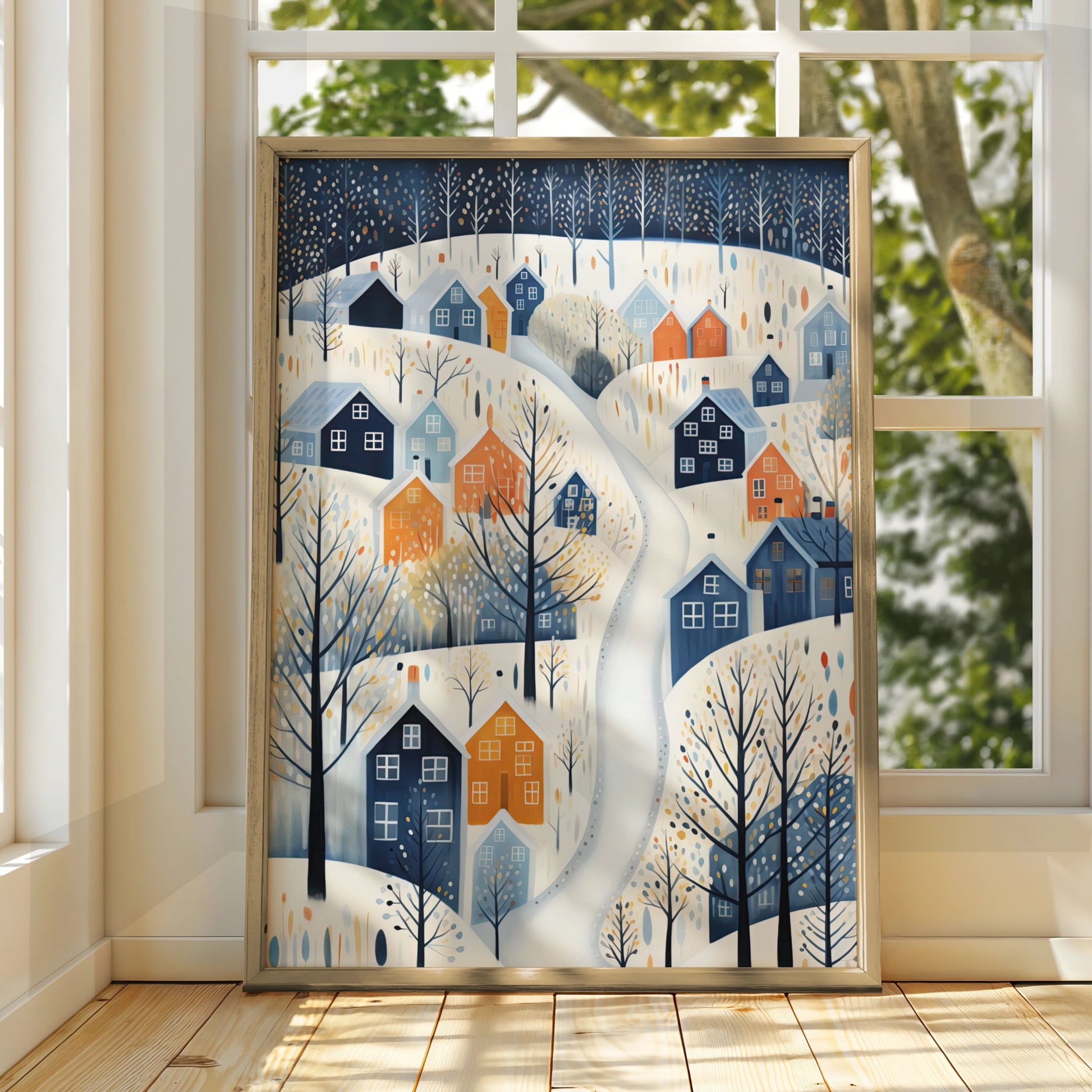 Christmas Winter Village Poster, Snowy Town Wall Art, Nordic Scandi Festive Print