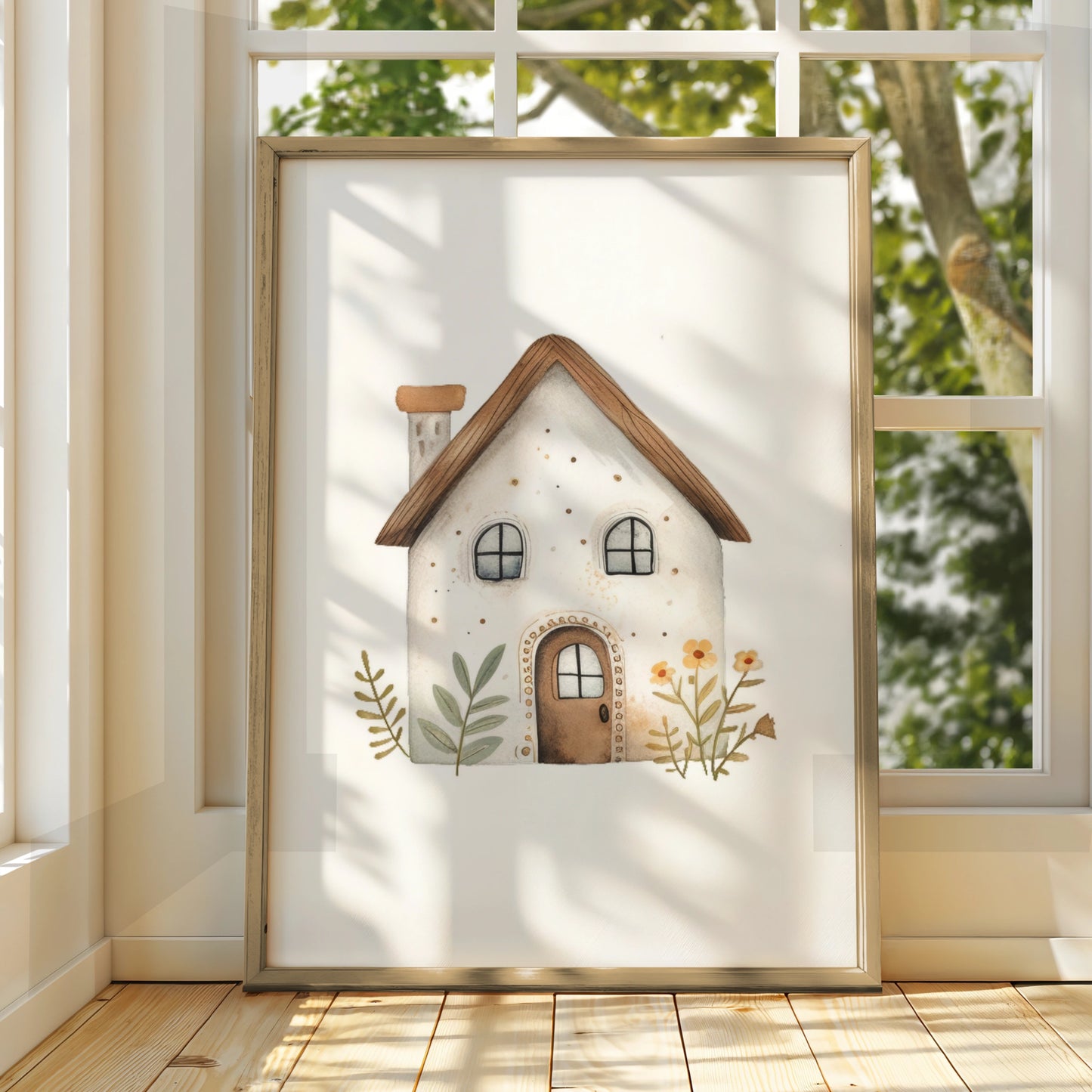 Nursery Wall Art Cute House Print, Boho Watercolour Poster, Baby Room Floral Decor