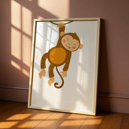 Cute Monkey Nursery Wall Art, Baby Jungle Animal Poster, Kids Room Print Decor