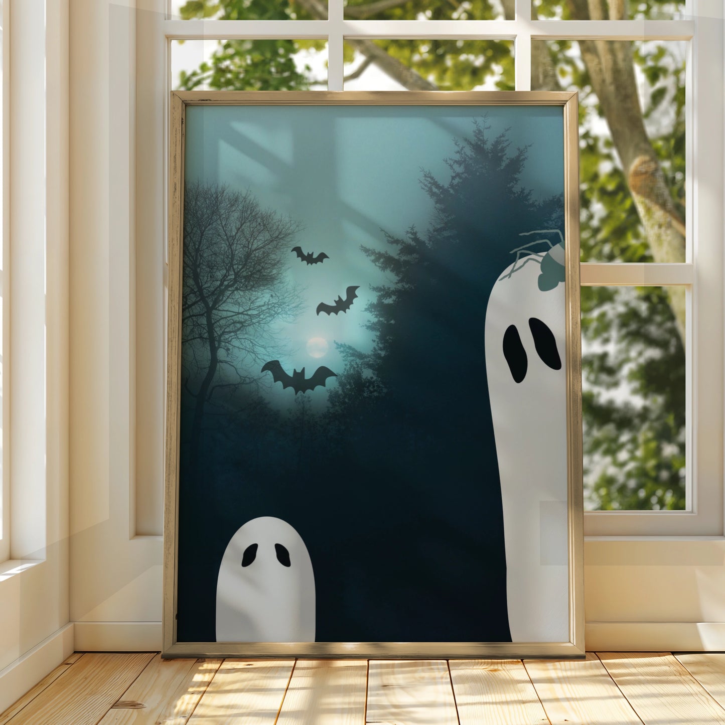 Halloween Ghost Poster, Spooky Forest Wall Art, Bats Full Moon Print, Teal Dark