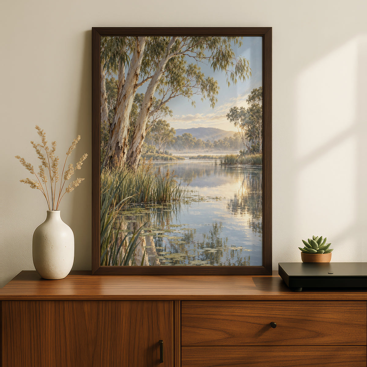 Australian River Landscape Print, Eucalyptus Gum Tree Wall Art, Misty Waterway Poster