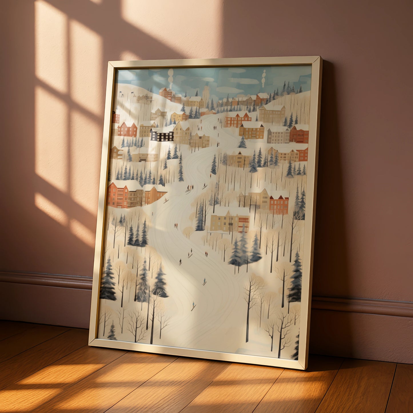 Christmas Winter Village Poster, Snowy Ski Slope Scene, Festive Holiday Wall Art Print