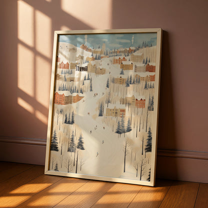 Christmas Winter Village Poster, Snowy Ski Slope Scene, Festive Holiday Wall Art Print