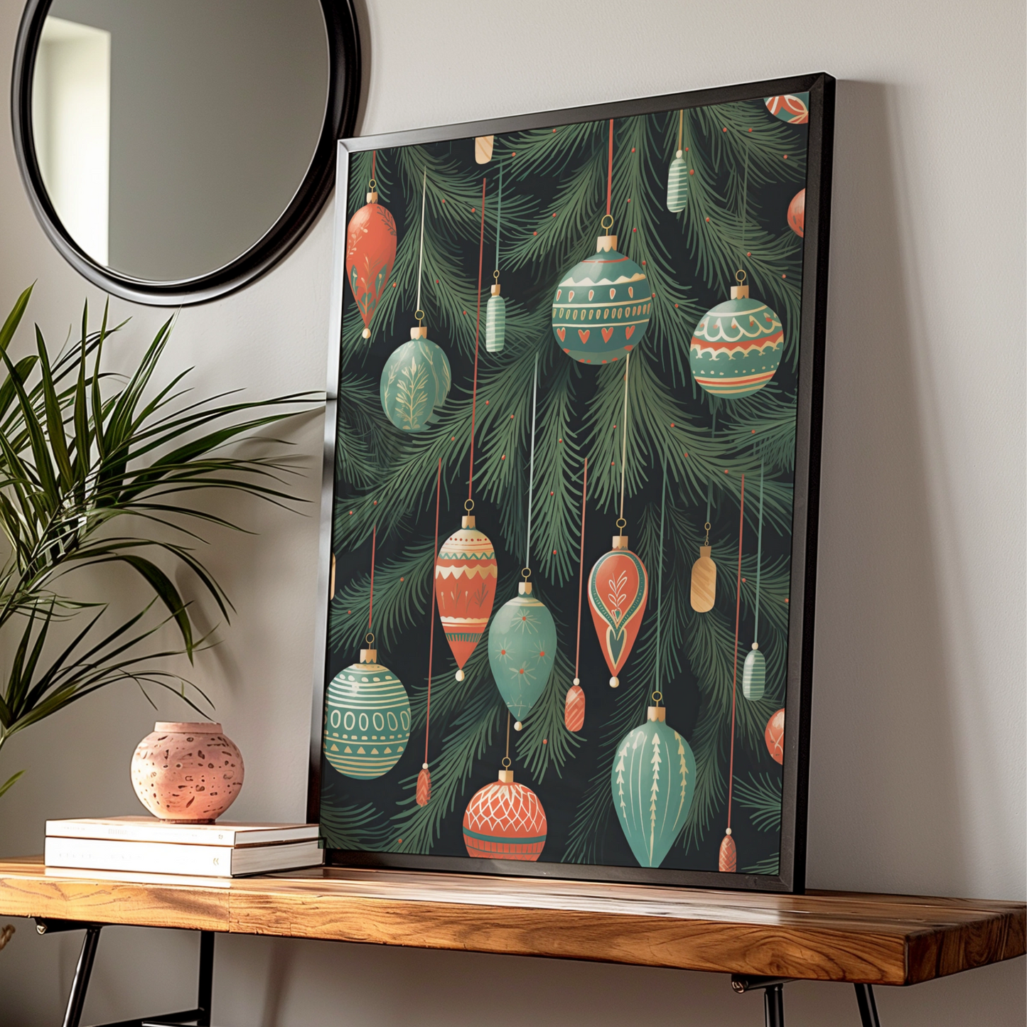 Christmas Baubles Poster, Festive Ornaments Wall Art, Retro Xmas Tree Print, Red Green