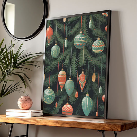 Christmas Baubles Poster, Festive Ornaments Wall Art, Retro Xmas Tree Print, Red Green