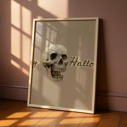 Happy Halloween Skull Poster, Spooky Wall Art, Skeleton Print, Taupe Halloween Decor