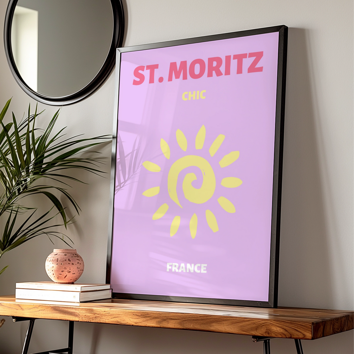 St Moritz Travel Poster, Switzerland Retro Wall Art, Chic Sun Print, Lilac Pink