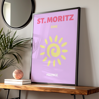 St Moritz Travel Poster, Switzerland Retro Wall Art, Chic Sun Print, Lilac Pink