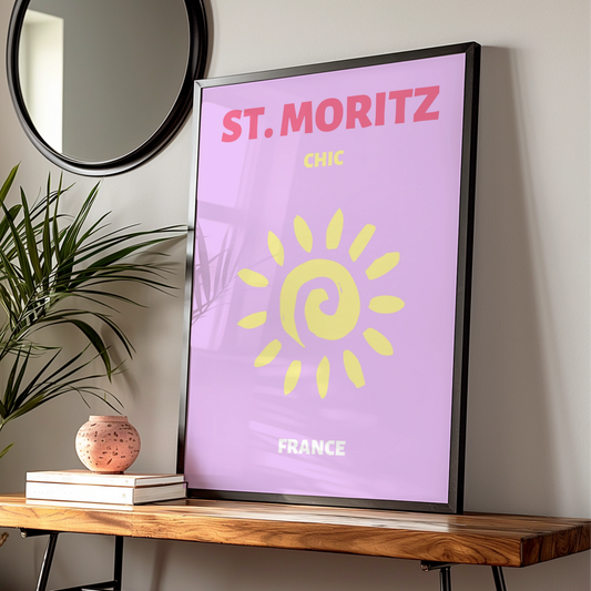 St Moritz Travel Poster, Switzerland Retro Wall Art, Chic Sun Print, Lilac Pink — Digital Download