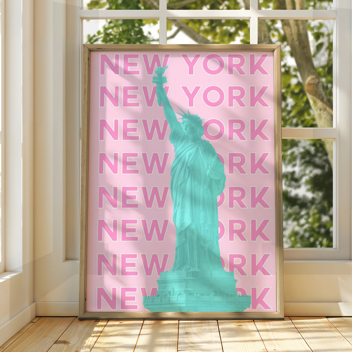 New York Travel Poster, Statue of Liberty Wall Art, Retro NYC Print, Pink Pop Art