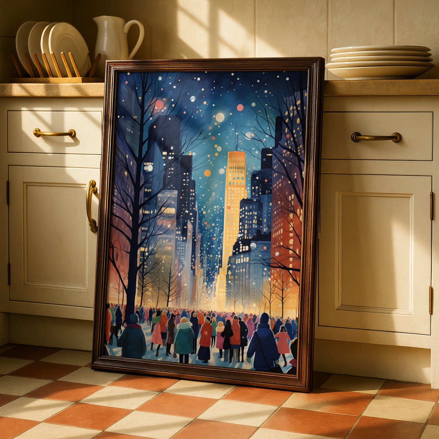 Christmas City Night Poster, Winter Snow Scene Wall Art, Festive New York Print