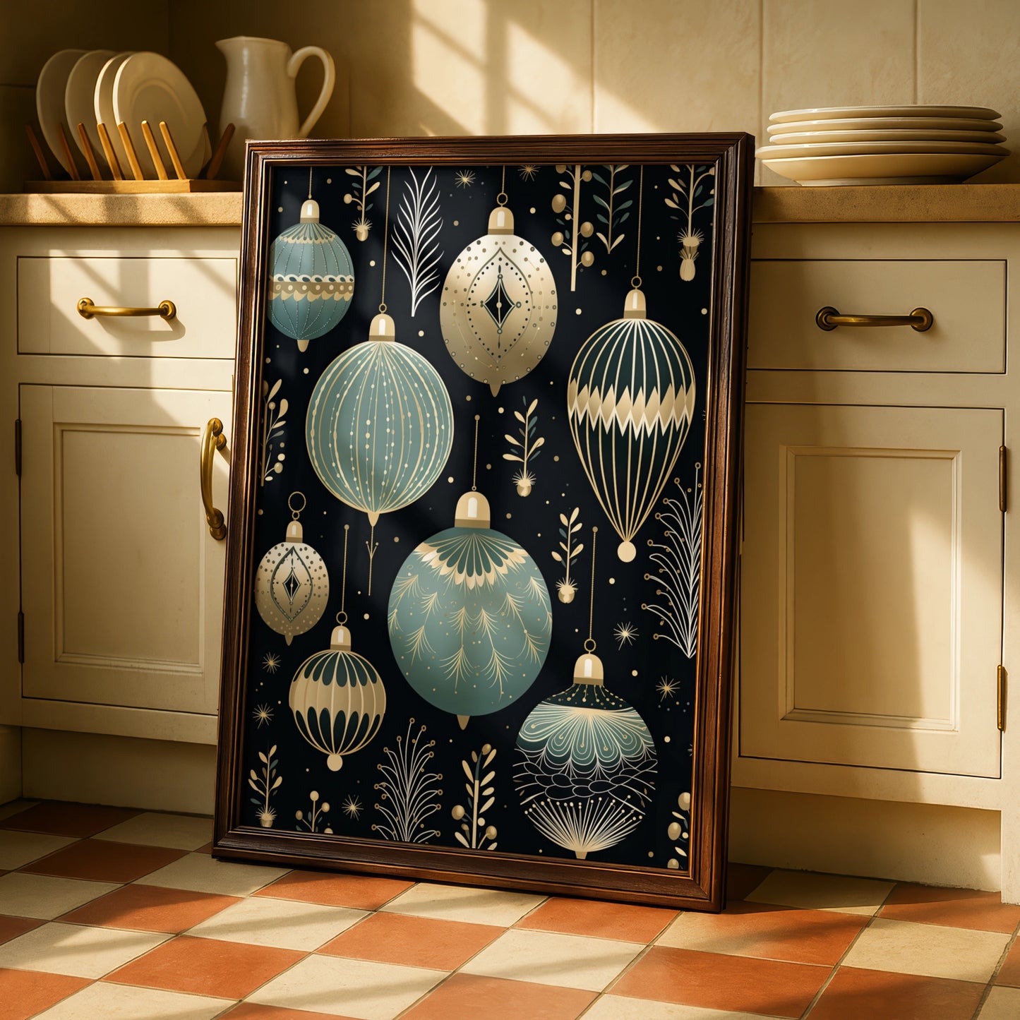 Christmas Baubles Poster, Art Deco Ornaments Wall Art, Teal Gold Black Festive Print